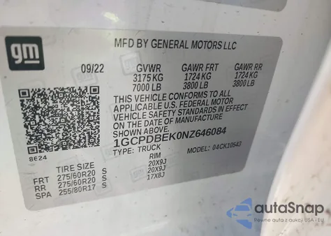 2022 Chevrolet Silverado 1500 4Wd Short Bed Custom z USA, uszkodzony, nr VIN 1GCPDBEK0NZ646084